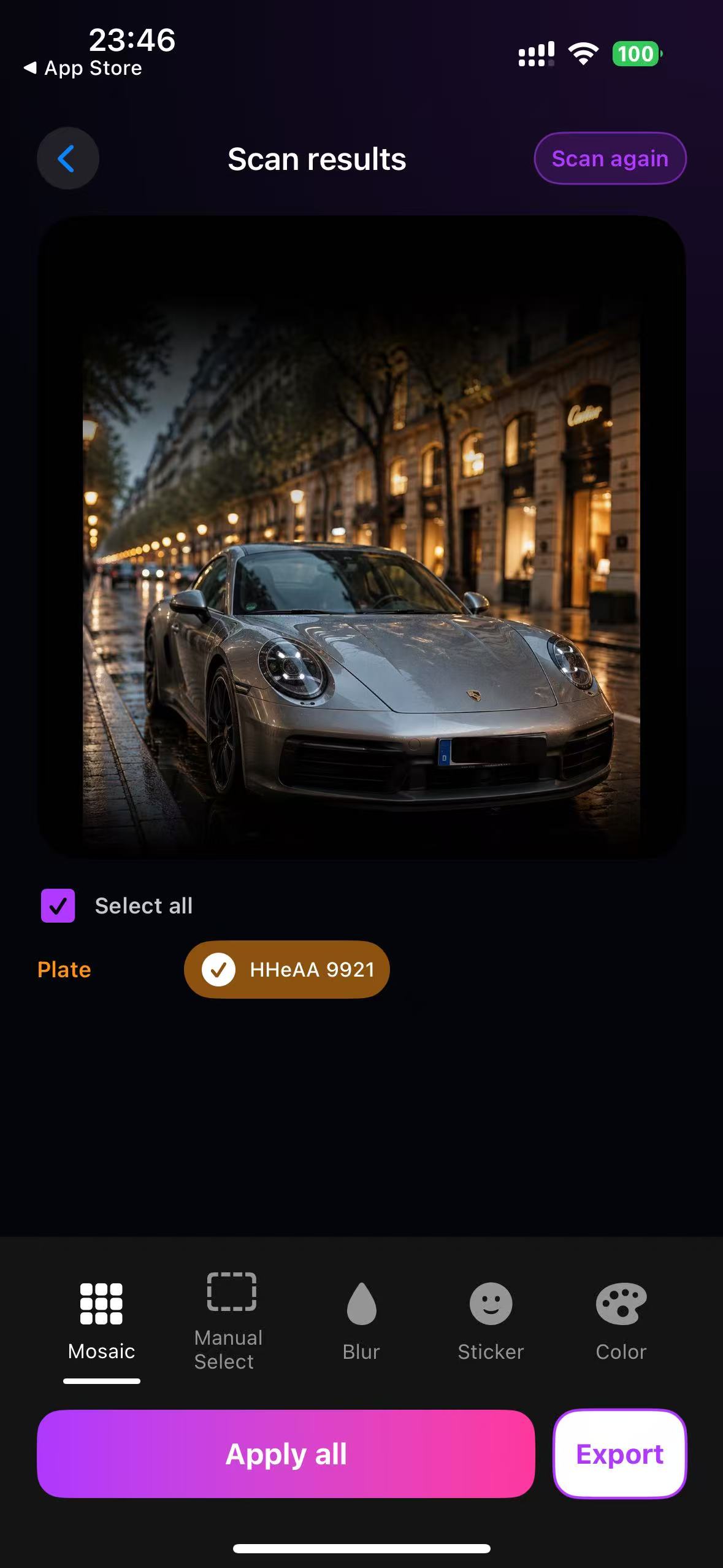 BlurPhoto scan results screen showing a protected license plate